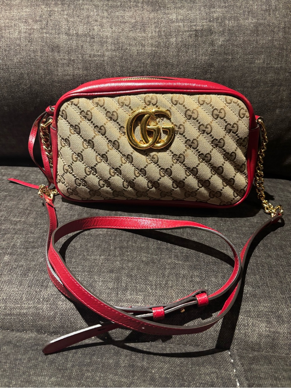 Gucci Beige GG Canvas Crossbody with Red Leather Trim and Gold Double G